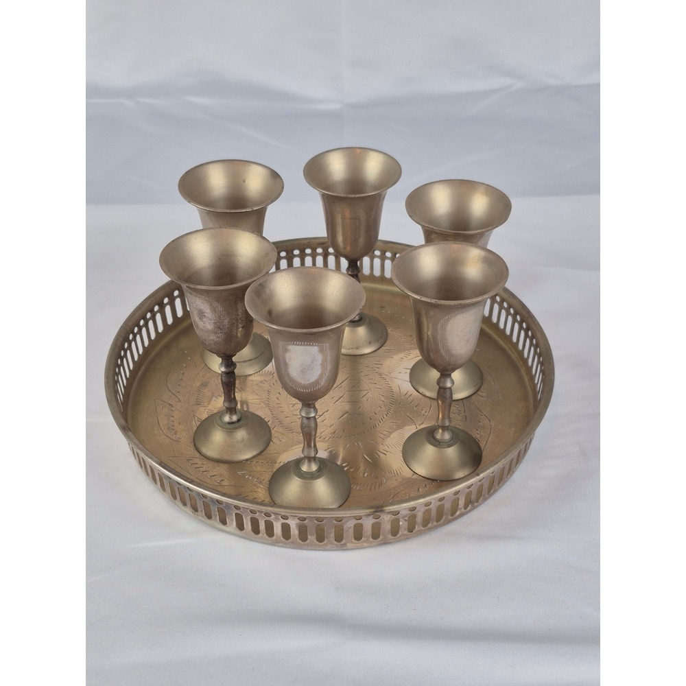 Vintage India‎ Brass Plated Cordial Goblet Set 6 Tray Barware Serving Decor